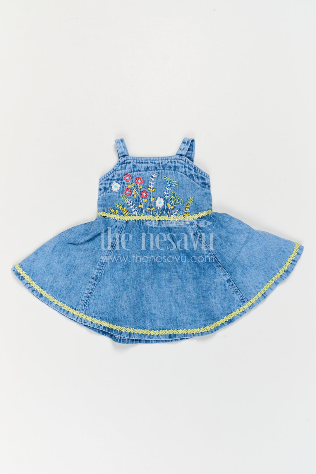 The Nesavu Baby Frocks Baby Girl Denim Frock for Casual Outings and Photos Nesavu Nesavu Baby Girl Denim Frock For Casual Outings With Thread Embroidery Sleeveless Stylish Dress