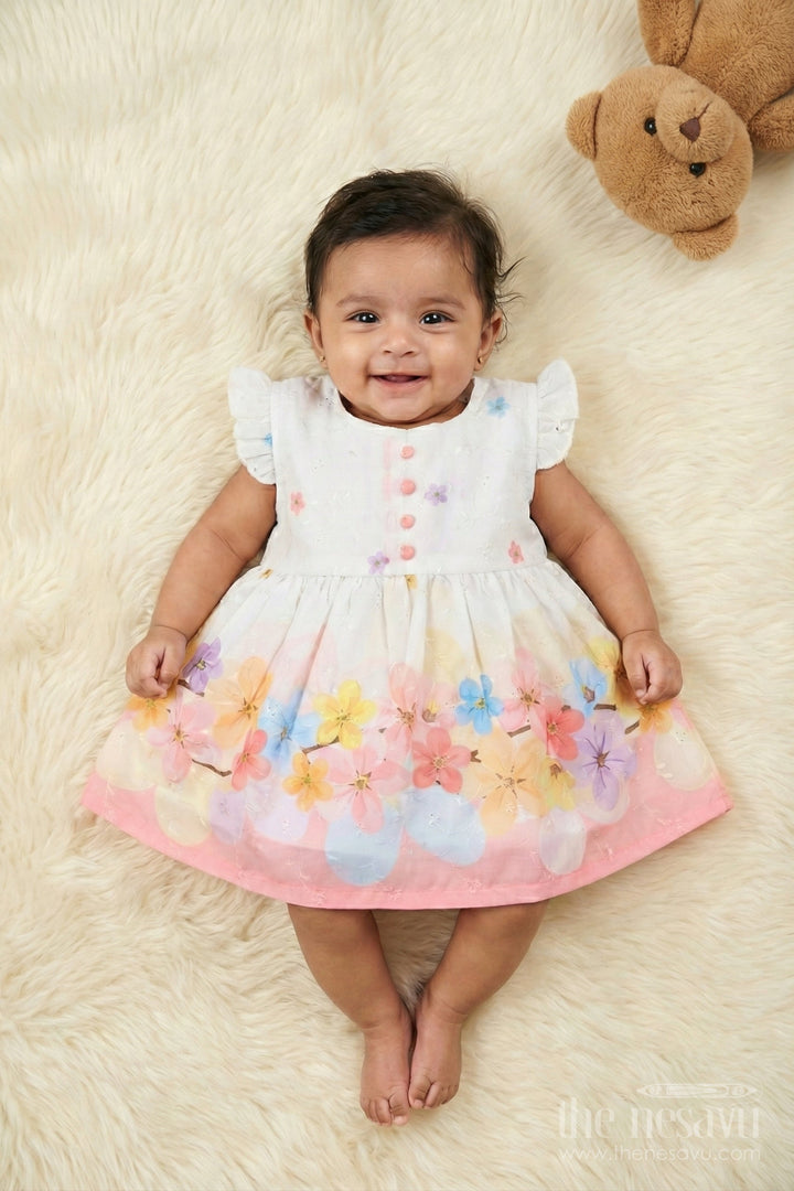 The Nesavu Baby Cotton Frocks Baby Girl Digital Print Frock with Floral Embroidery for Birthday Celebrations Nesavu 14 (6M) / Multicolor BFJ891B-14 Nesavu baby girl digital floral print frock with frilled sleeves for birthdays and festive outings