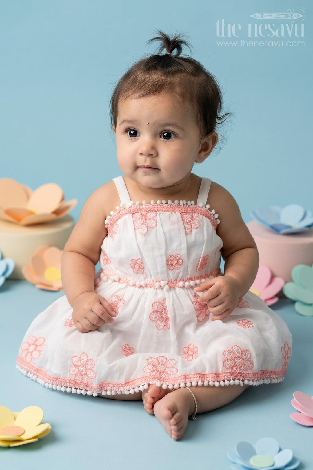 The Nesavu Baby Cotton Frocks Baby Girl Dress for Photoshoot and Everyday Comfort Wear Nesavu 14 (6M) / White / Cotton BFJ1004B-14 Nesavu Baby Girl Dress For Photoshoot With Cotton Fabric And Thread Embroidery Soft Flared Outfit