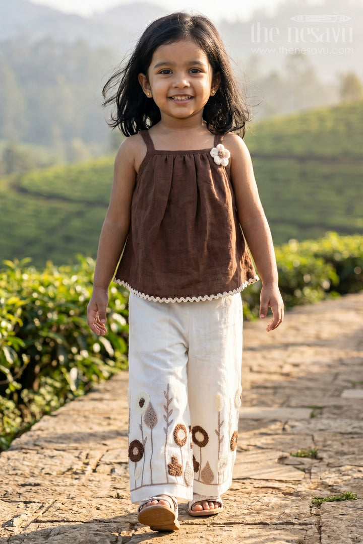 The Nesavu Girls Co-Ord Sets Baby Girl Embroidered Co Ord Outfit for Festive Playdates Nesavu 16 (1Y) / Brown / Cotton Blend GCS064A-16 Nesavu Baby Girl Embroidered Co Ord Outfit With Floral Thread Work For Festive Outings