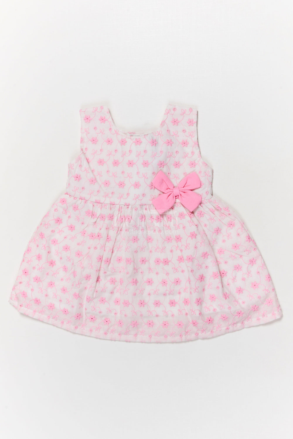 The Nesavu Baby Cotton Frocks Baby Girl Embroidered Cotton Frock with Bow for Family Outings Nesavu 14 (6M) / Pink BFJ887A-14 Nesavu baby girl cotton frock with thread embroidery and bow for everyday and family wear