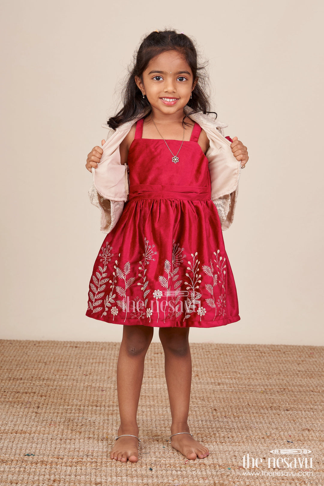 The Nesavu Baby Cotton Frocks Baby Girl Embroidered Cotton Frock with Designer Jacket Ideal for Birthday Or Naming Ceremony Nesavu 14 (6M) / Red BFJ820A-14 Nesavu baby girl embroidered frock net jacket  perfect birthday festive events