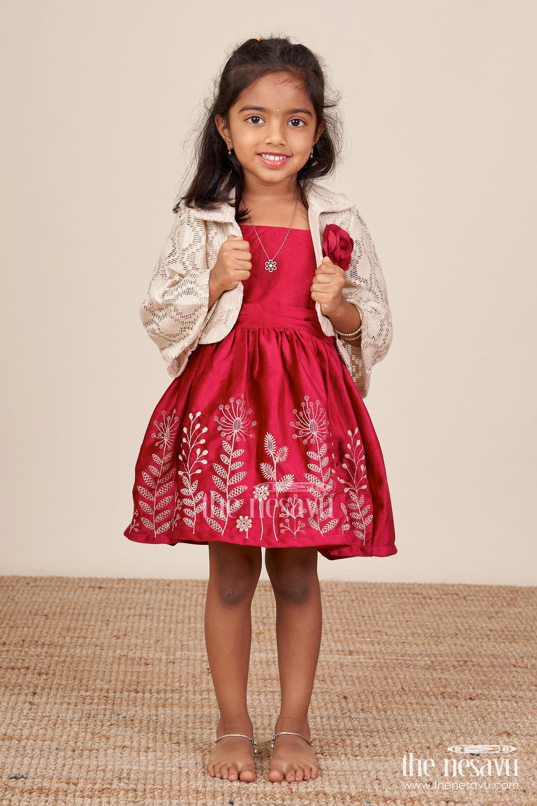 The Nesavu Baby Cotton Frocks Baby Girl Embroidered Cotton Frock with Designer Jacket Ideal for Birthday Or Naming Ceremony Nesavu Nesavu baby girl embroidered frock net jacket  perfect birthday festive events