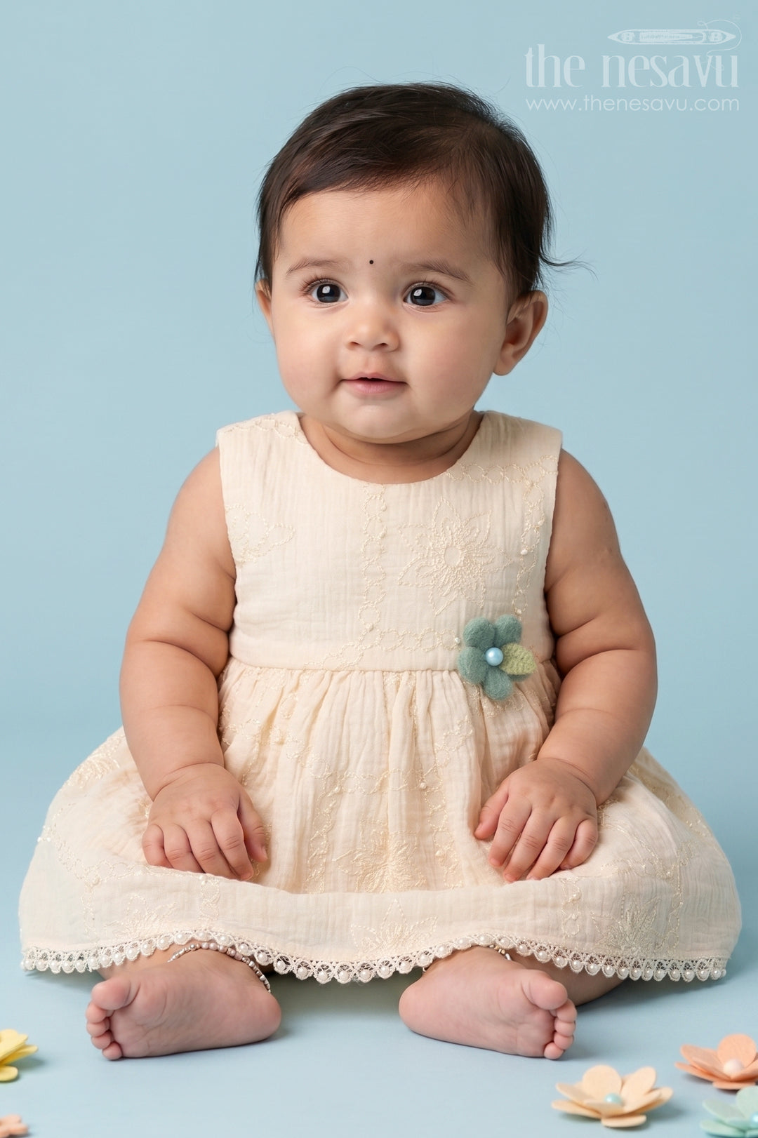 The Nesavu Baby Cotton Frocks Baby Girl Embroidered Frock for Birthdays and Family Celebrations Nesavu 14 (6M) / Cream / Cotton Blend BFJ1009A-14 Nesavu Baby Girl Embroidered Cotton Blend Frock For Birthdays And Family Outings