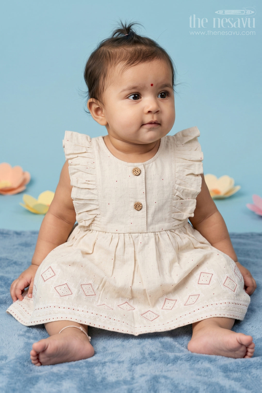 The Nesavu Baby Cotton Frocks Baby Girl Embroidered Frock for Festive Days and Family Functions Nesavu 14 (6M) / Cream / Cotton BFJ1000B-14 Nesavu Baby Girl Embroidered Cotton Frock For Festive Days And Family Functions With Thread Work Design