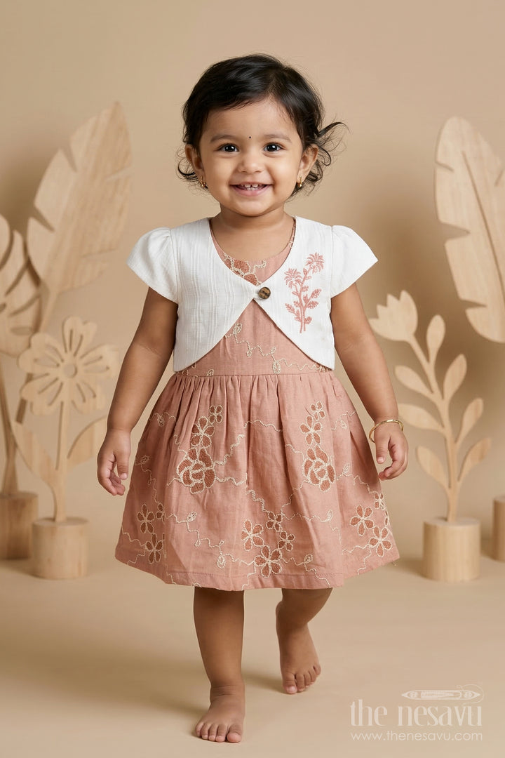 The Nesavu Baby Fancy Frock Baby Girl Embroidered Party Frock for Birthdays and Family Celebrations Nesavu 14 (6M) / Brown / Cotton BFJ961A-14 Nesavu baby girl embroidered party frock with jacket style design for birthdays and celebrations
