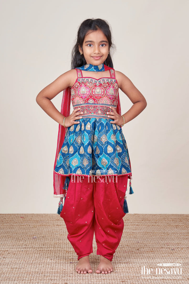 The Nesavu Girls Dothi Sets Baby Girl Ethnic Dhoti Set with Designer Yoke for Cultural Celebrations Nesavu 18 (2Y) / Blue GPS757A-18 Nesavu baby girl ethnic dhoti set designer blouse birthday festive occasions