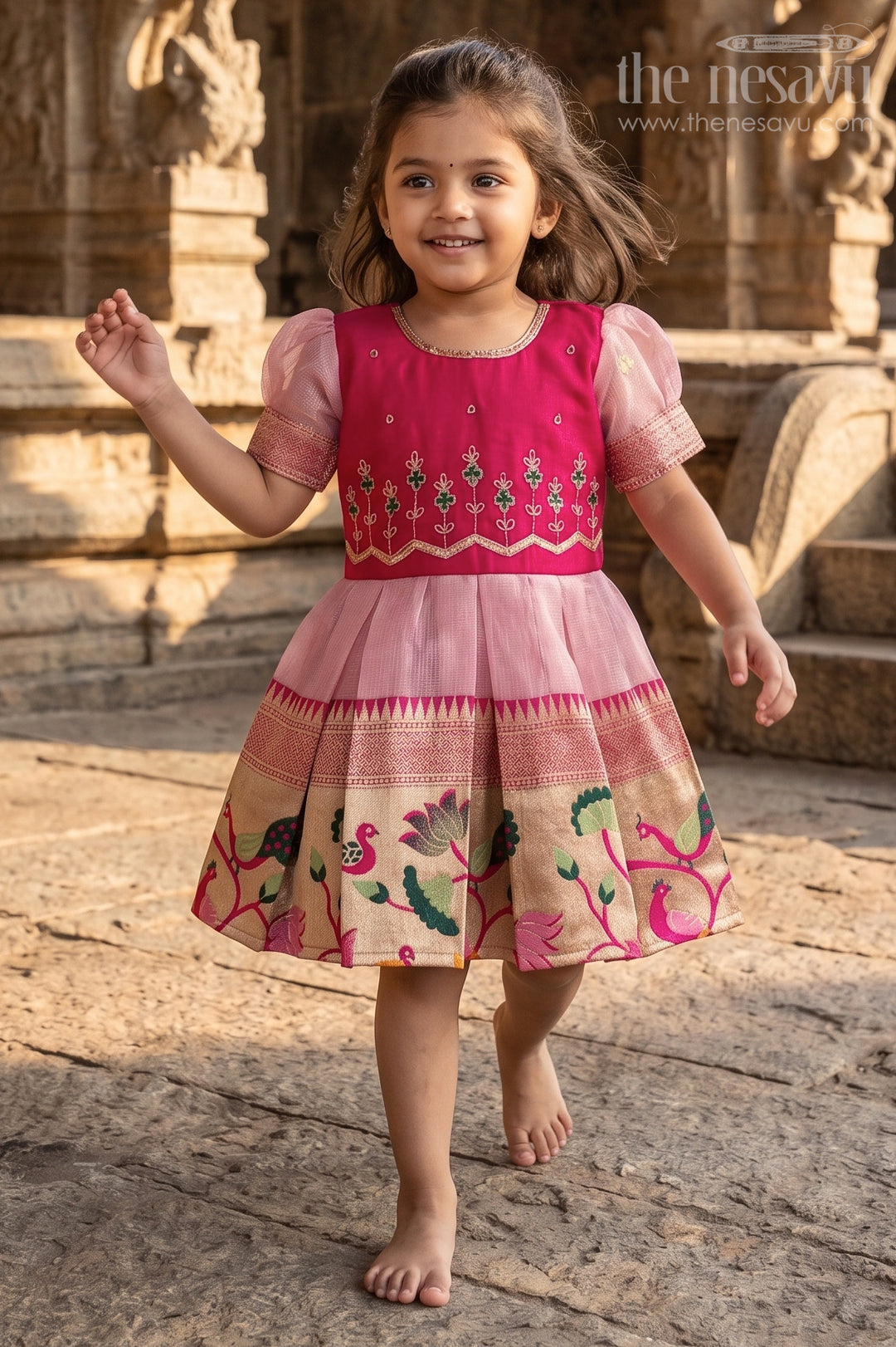 The Nesavu Silk Frock Baby Girl Ethnic Frock for Festive Family Functions and Photos Nesavu 16 (1Y) / Red / Silk Blend SF1125B-16 Nesavu baby girl ethnic silk frock with zari border for weddings, birthdays, and festive photos