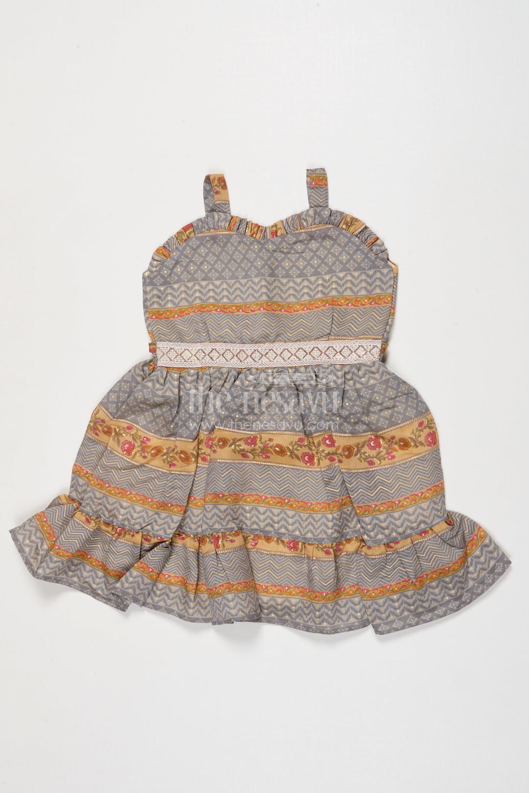 The Nesavu Girls Cotton Frock Baby Girl Ethnic Frock with Shoulder Straps and Festive Print for Special Occasions Nesavu 18 (2Y) / Gray GFC2020B-18 Nesavu baby girl ethnic printed frock with straps and flared layers for festive moments