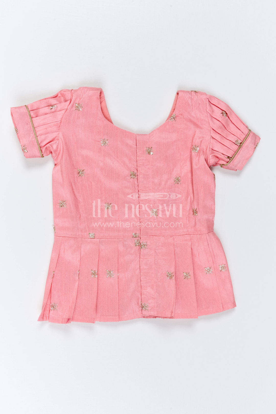 The Nesavu Pattu Pavadai Baby Girl Ethnic Pavadai Set for Festive Photo Moments Nesavu 18 (2Y) / Peach / Semi Banarasi GPP392B-18 Nesavu Baby Girl Ethnic Pavadai Set With Woven Banaras Skirt For Festive Occasions