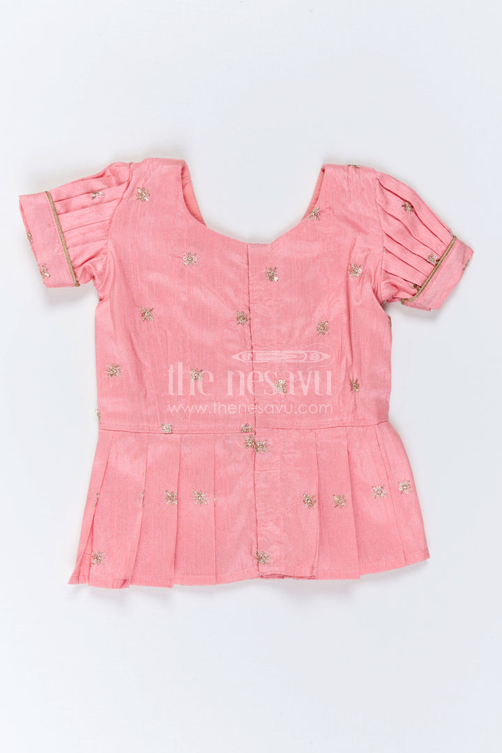 The Nesavu Pattu Pavadai Baby Girl Ethnic Pavadai Set for Festive Photo Moments Nesavu 18 (2Y) / Peach / Semi Banarasi GPP392B-18 Nesavu Baby Girl Ethnic Pavadai Set With Woven Banaras Skirt For Festive Occasions