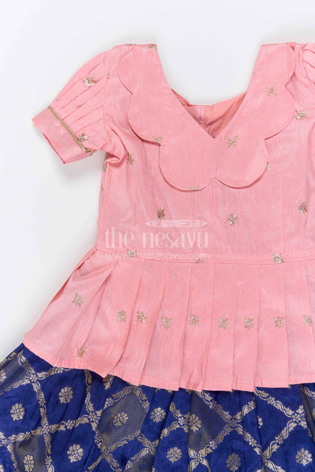 The Nesavu Pattu Pavadai Baby Girl Ethnic Pavadai Set for Festive Photo Moments Nesavu 18 (2Y) / Peach / Semi Banarasi GPP392B-18 Nesavu Baby Girl Ethnic Pavadai Set With Woven Banaras Skirt For Festive Occasions
