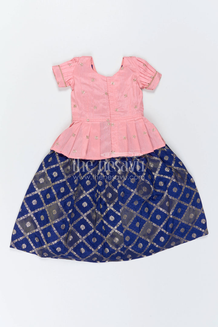 The Nesavu Pattu Pavadai Baby Girl Ethnic Pavadai Set for Festive Photo Moments Nesavu 18 (2Y) / Peach / Semi Banarasi GPP392B-18 Nesavu Baby Girl Ethnic Pavadai Set With Woven Banaras Skirt For Festive Occasions