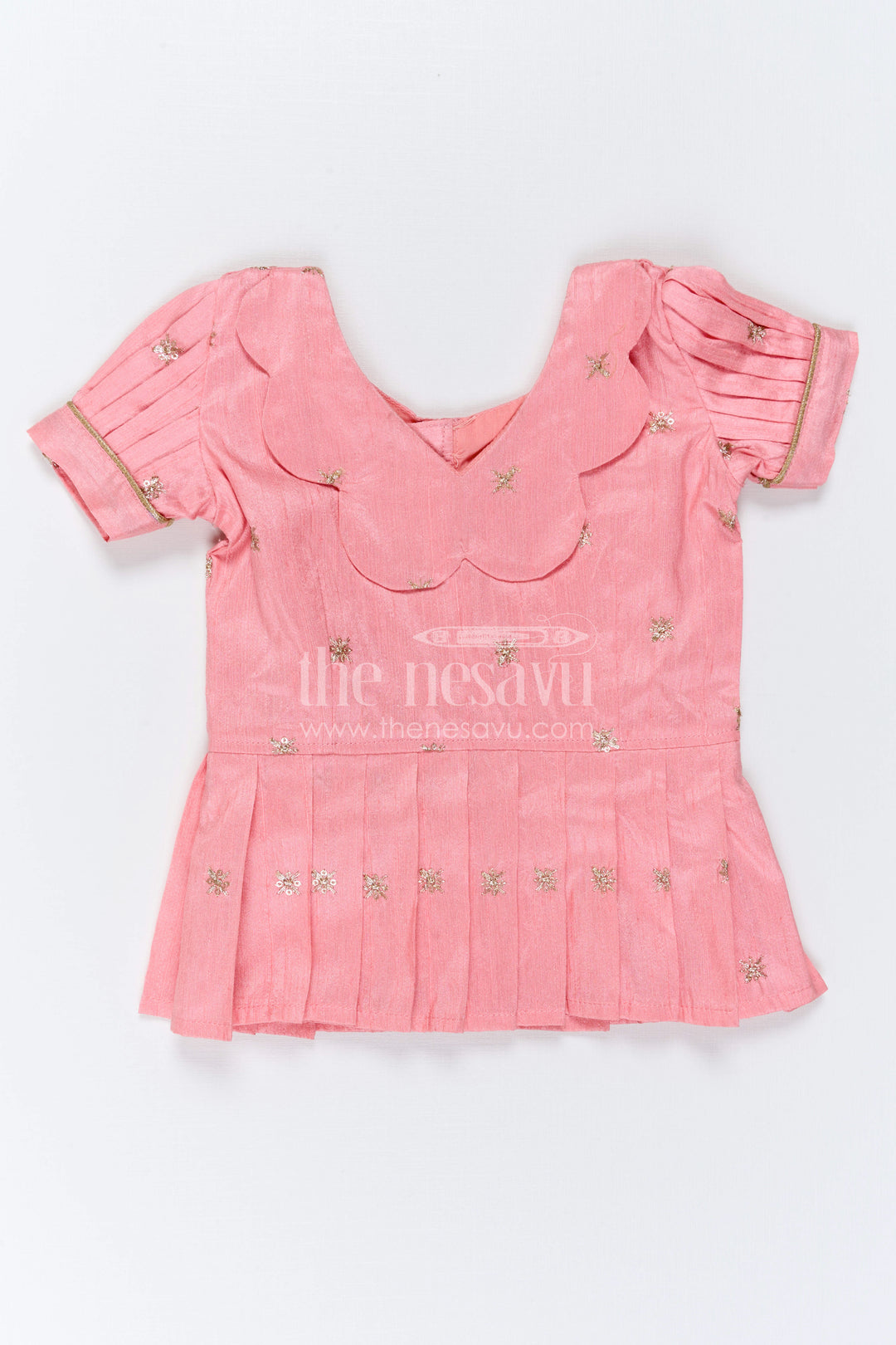 The Nesavu Pattu Pavadai Baby Girl Ethnic Pavadai Set for Festive Photo Moments Nesavu 18 (2Y) / Peach / Semi Banarasi GPP392B-18 Nesavu Baby Girl Ethnic Pavadai Set With Woven Banaras Skirt For Festive Occasions