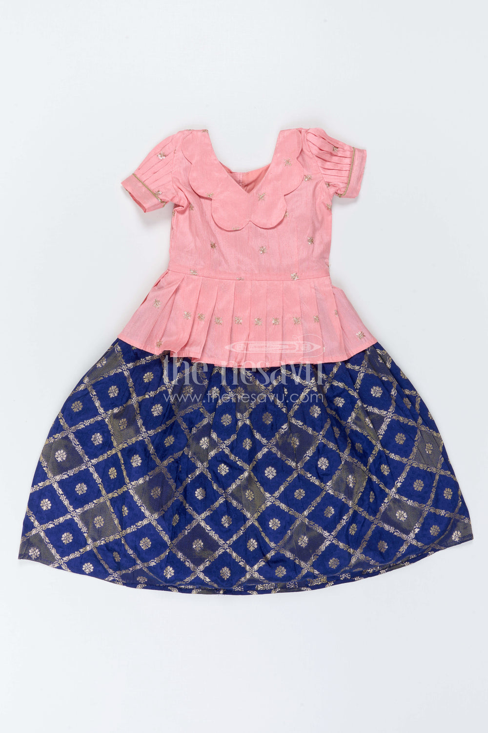 The Nesavu Pattu Pavadai Baby Girl Ethnic Pavadai Set for Festive Photo Moments Nesavu 18 (2Y) / Peach / Semi Banarasi GPP392B-18 Nesavu Baby Girl Ethnic Pavadai Set With Woven Banaras Skirt For Festive Occasions