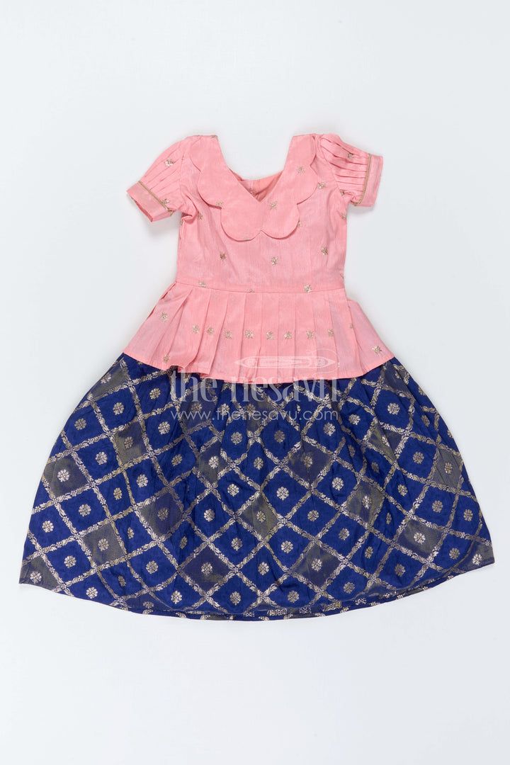 The Nesavu Pattu Pavadai Baby Girl Ethnic Pavadai Set for Festive Photo Moments Nesavu 18 (2Y) / Peach / Semi Banarasi GPP392B-18 Nesavu Baby Girl Ethnic Pavadai Set With Woven Banaras Skirt For Festive Occasions