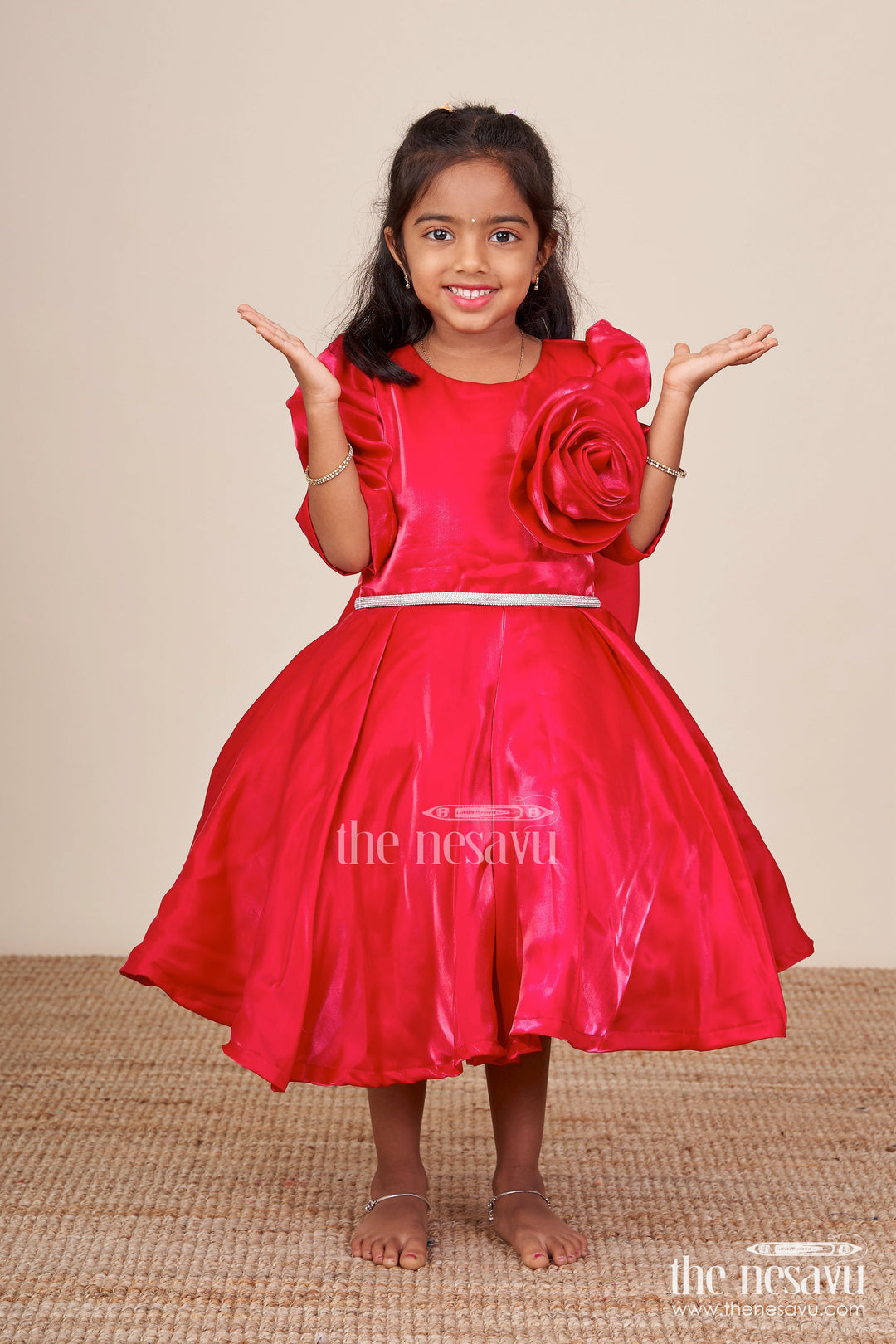 The Nesavu Girls Fancy Party Frock Baby Girl Fancy Frock for Birthday Celebrations and Party Moments Nesavu 16 (1Y) / red PF276B-16 Nesavu baby girl party frock satin fabric embellished stone belt birthdays