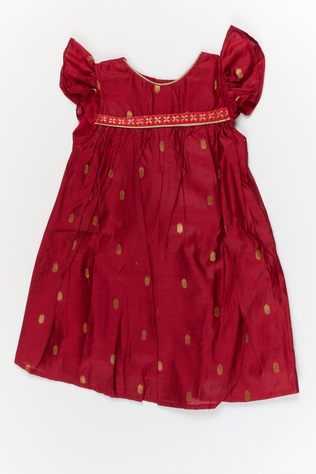 The Nesavu Girls Chanderi Frock Baby Girl Festive Frock for Birthday Parties and Poojas Nesavu 20 (3Y) / Red / Viscose Silk GFC2101A-20 Nesavu baby girl festive silk frock with golden butti for birthdays and pooja celebrations