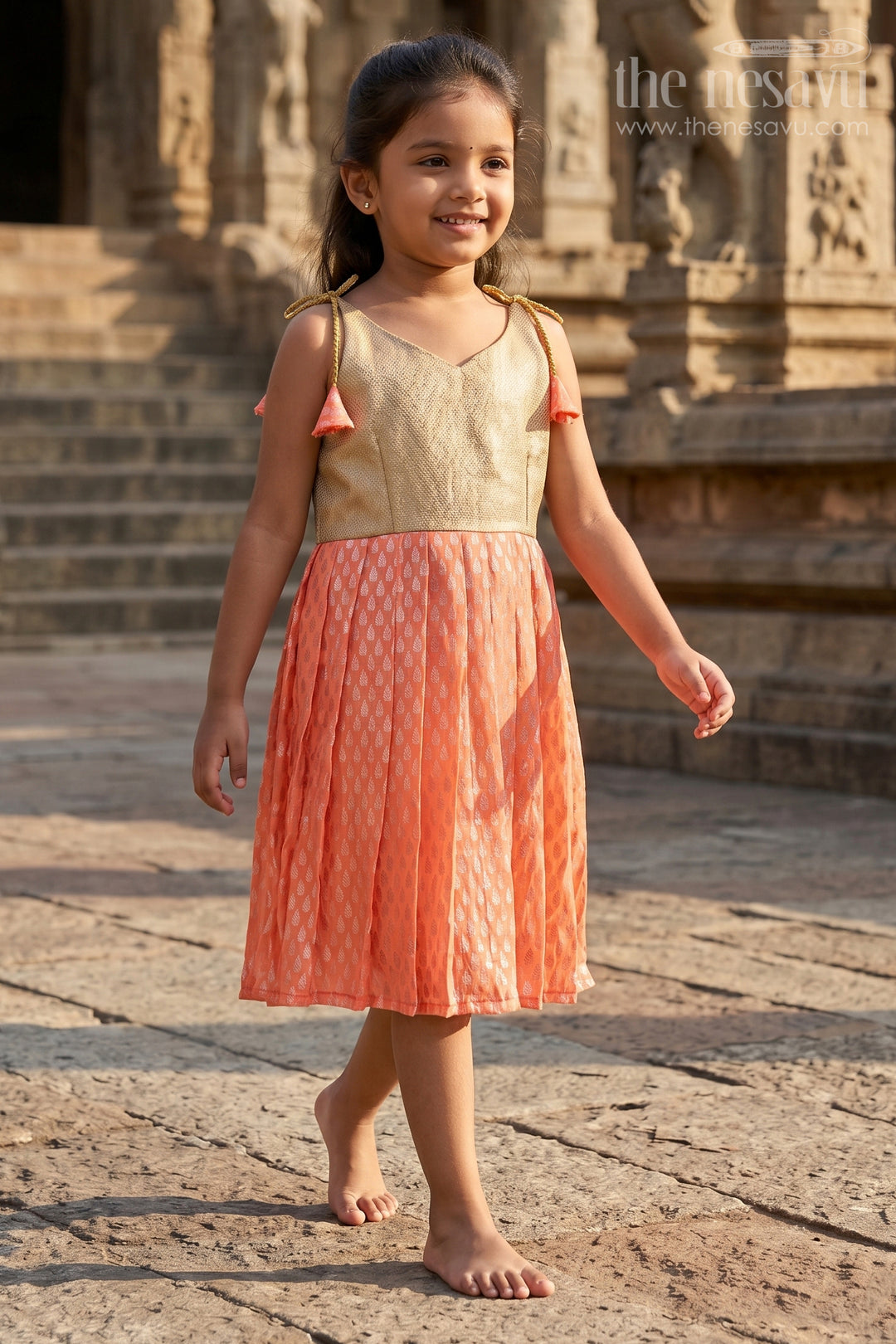 The Nesavu Tie-up Frock Baby Girl Festive Frock for Birthdays and Cultural Celebrations Nesavu 16 (1Y) / Gold / Semi Banarasi T431A-16 Nesavu Baby Girl Festive Tie Up Frock With Peach Woven Skirt For Birthdays And Celebrations