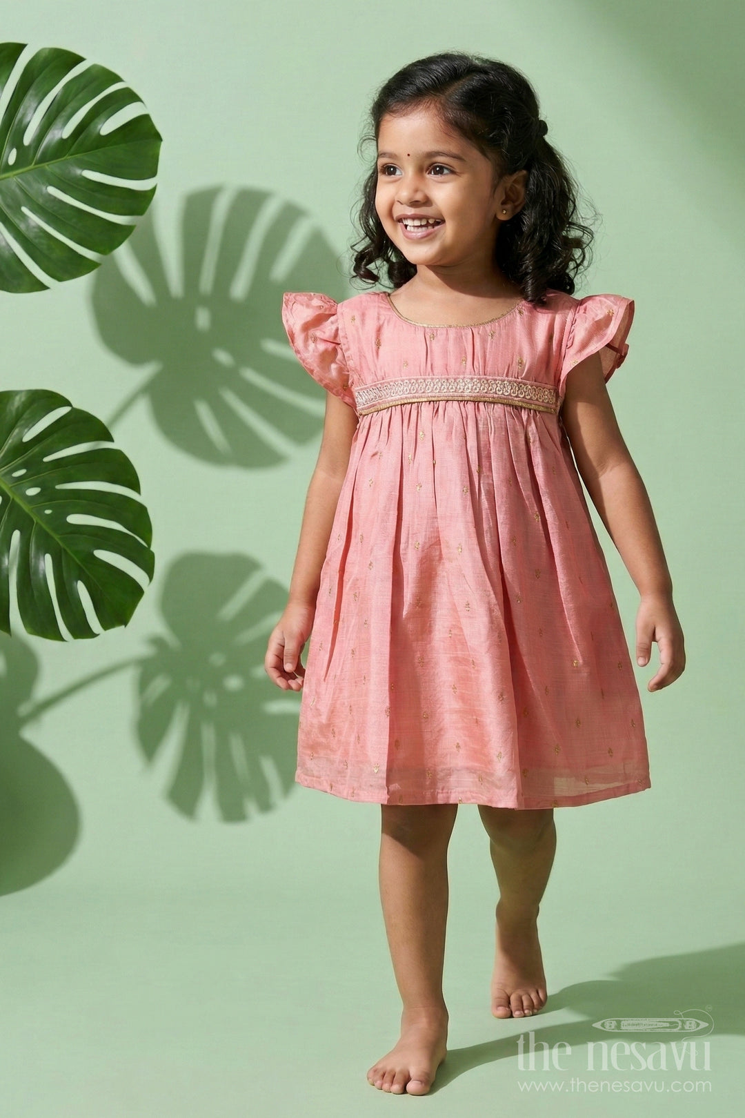 The Nesavu Girls Chanderi Frock Baby Girl Festive Frock for Birthdays and Special Events Nesavu 14 (6M) / Pink / Viscose Silk GFC2100B-14 Nesavu baby girl festive frock in viscose silk with butti design for birthdays and traditional functions