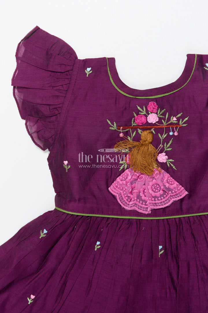 The Nesavu Girls Chanderi Frock Baby Girl Festive Frock with Embroidery for Traditional Occasions Nesavu Nesavu baby girl chanderi cotton frock embroidery naming ceremony festive occasions
