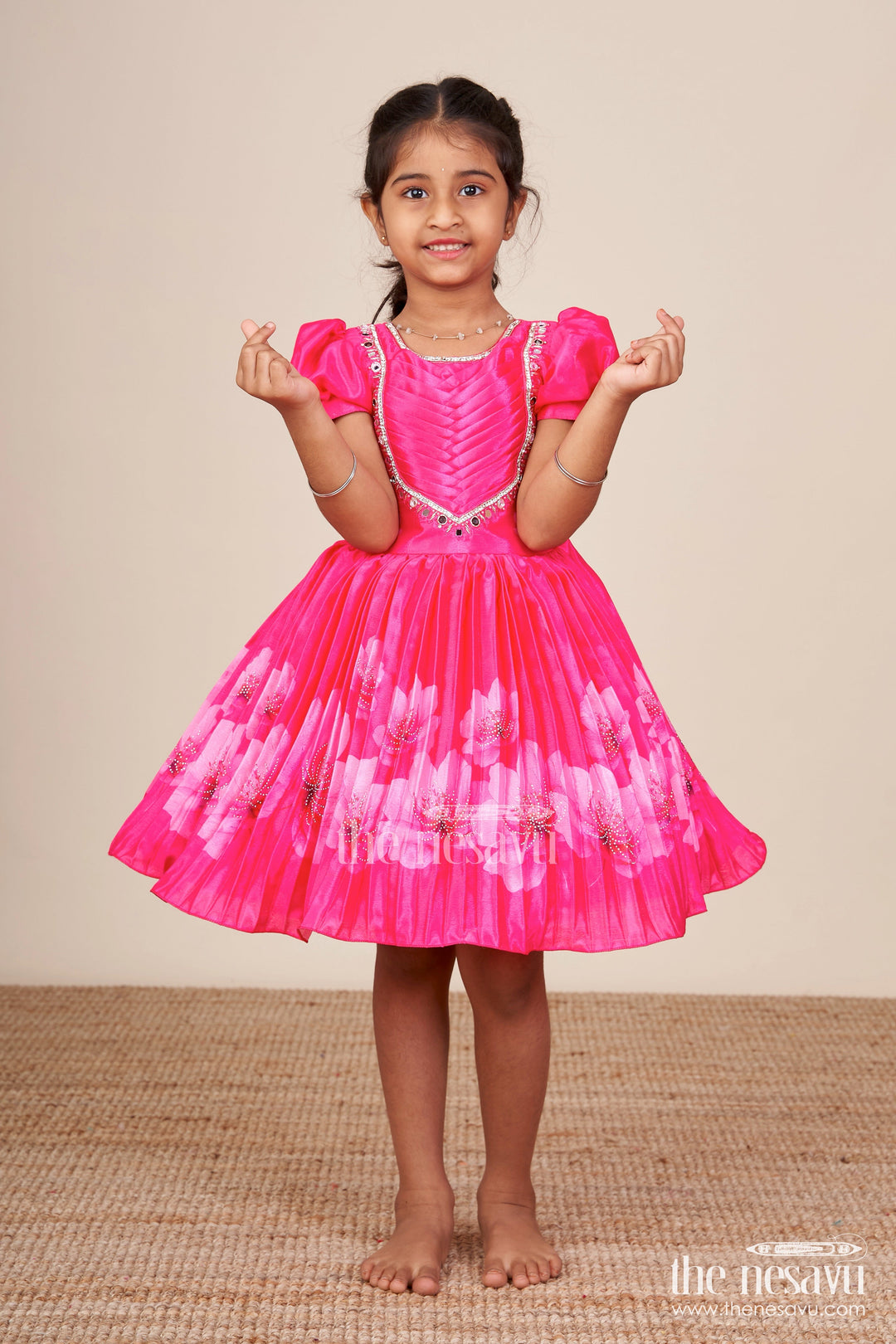 The Nesavu Silk Frock Baby Girl Festive Frock with Mirror Work for Birthdays and Ethnic Events Nesavu 18 (2Y) / red SF1070A-18 Nesavu baby girl festive frock mirror embroidery floral print  perfect birthdays