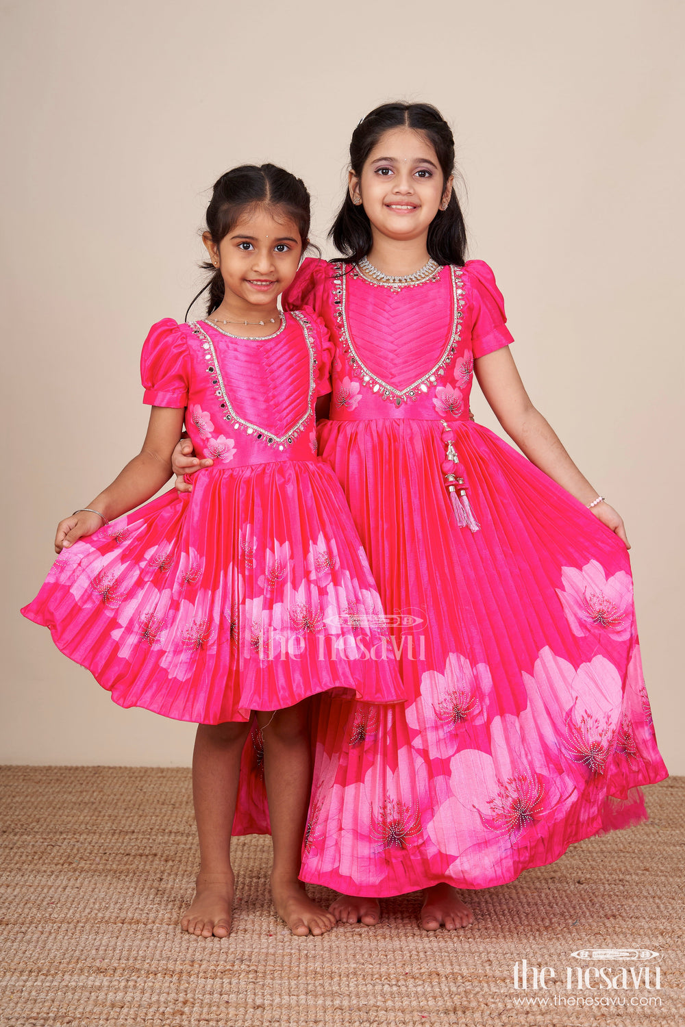 The Nesavu Silk Frock Baby Girl Festive Frock with Mirror Work for Birthdays and Ethnic Events Nesavu Nesavu baby girl festive frock mirror embroidery floral print  perfect birthdays