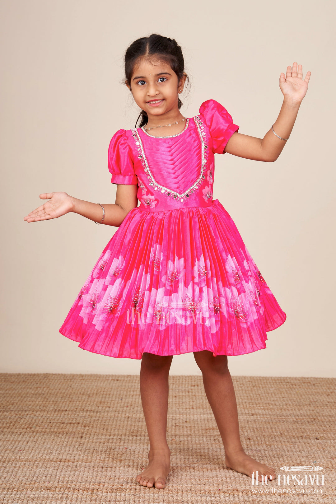 The Nesavu Silk Frock Baby Girl Festive Frock with Mirror Work for Birthdays and Ethnic Events Nesavu Nesavu baby girl festive frock mirror embroidery floral print  perfect birthdays