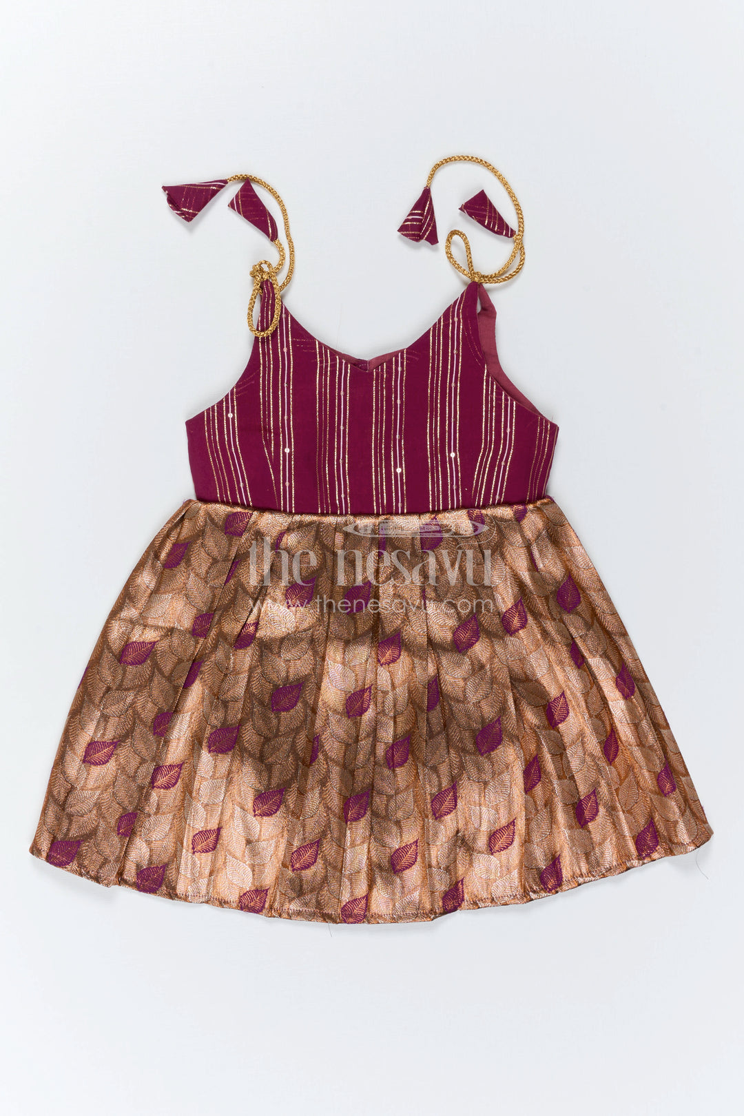 The Nesavu Tie-up Frock Baby Girl Festive Tie up Frock for Wedding Celebrations Nesavu 14 (6M) / Maroon / Semi Banarasi T433C-14 Nesavu Baby Girl Tie Up Frock With Woven Semi Banaras Skirt For Festive Occasions