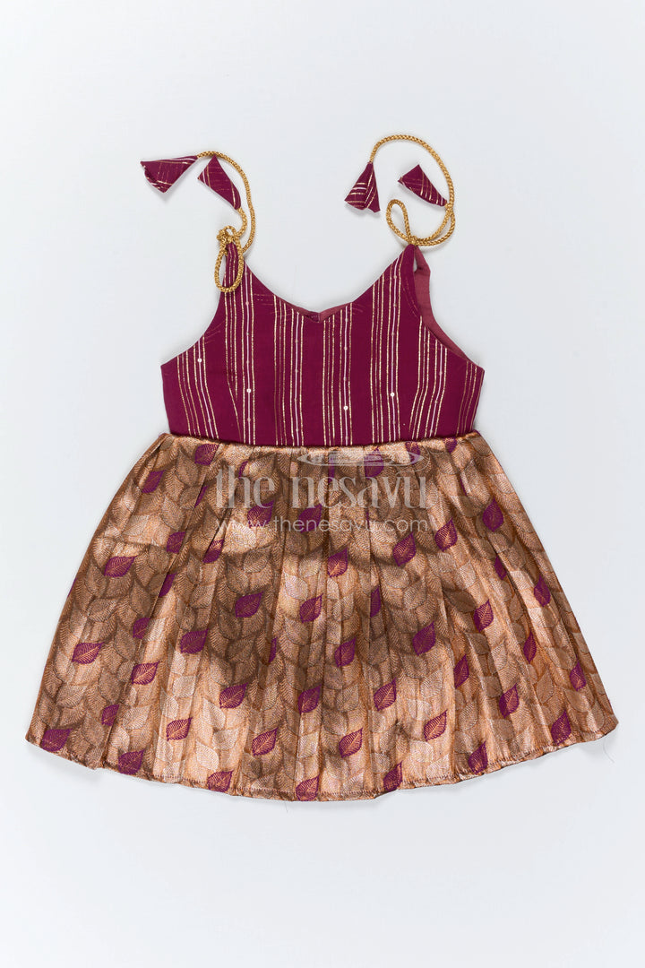 The Nesavu Tie-up Frock Baby Girl Festive Tie up Frock for Wedding Celebrations Nesavu 14 (6M) / Maroon / Semi Banarasi T433C-14 Nesavu Baby Girl Tie Up Frock With Woven Semi Banaras Skirt For Festive Occasions