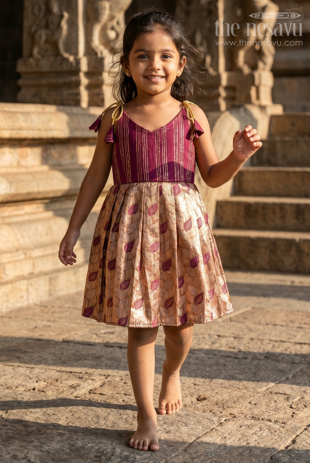 The Nesavu Tie-up Frock Baby Girl Festive Tie up Frock for Wedding Celebrations Nesavu 14 (6M) / Maroon / Semi Banarasi T433C-14 Nesavu Baby Girl Tie Up Frock With Woven Semi Banaras Skirt For Festive Occasions