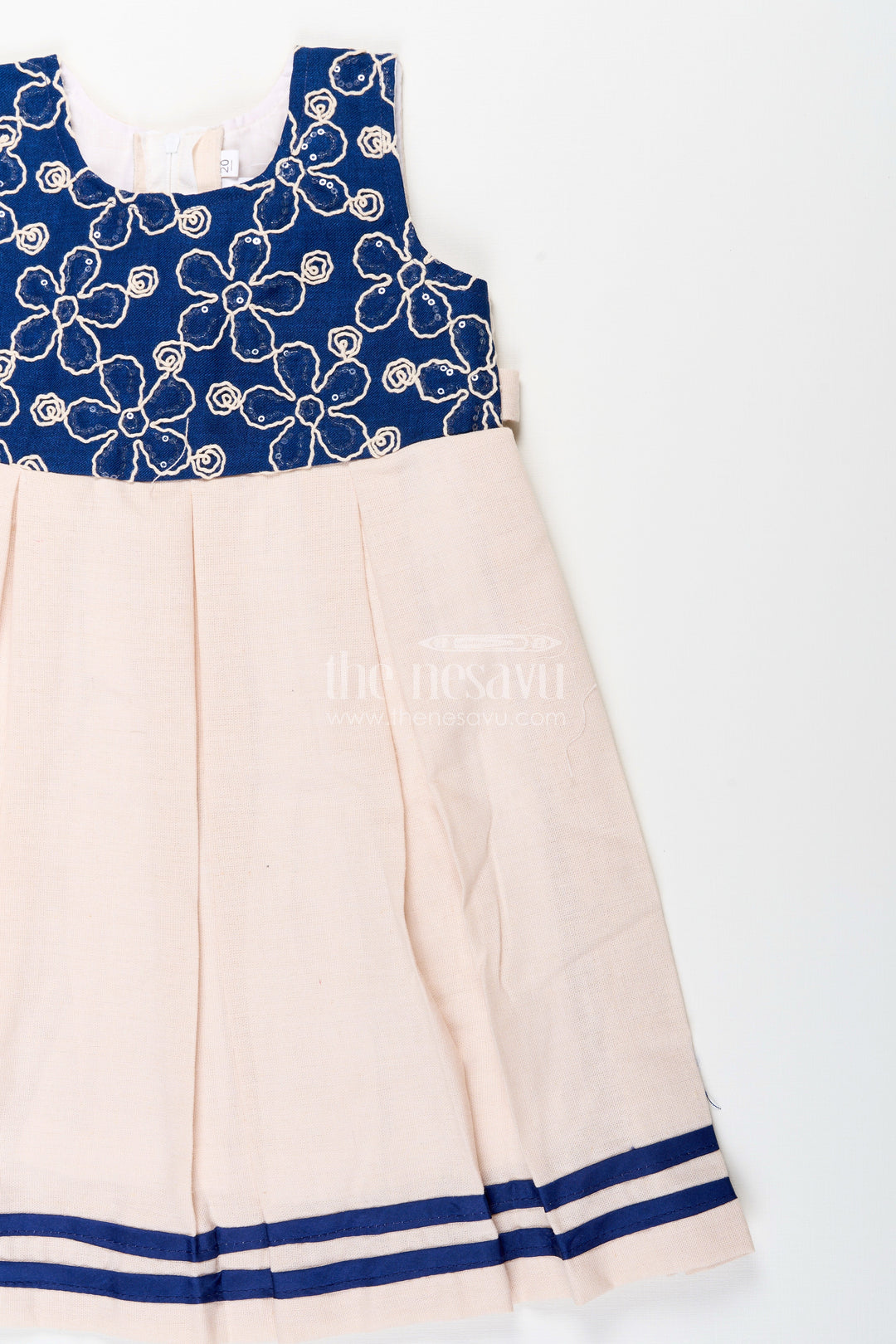The Nesavu Girls Fancy Frock Baby Girl Flax Cotton Frock with Navy Yoke Embroidery for Festive Occasions Nesavu Nesavu baby girl flax cotton frock navy yoke embroidery birthdays festive wear