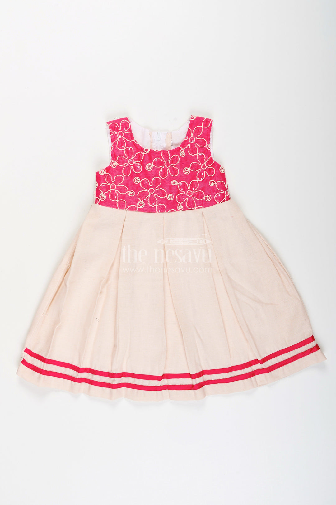 The Nesavu Girls Fancy Frock Baby Girl Flax Cotton Frock with Pink Yoke Embroidery for Parties Nesavu 20 (3Y) / Pink GFC1931B-20 Nesavu baby girl flax cotton frock pink embroidered yoke festive casual wear