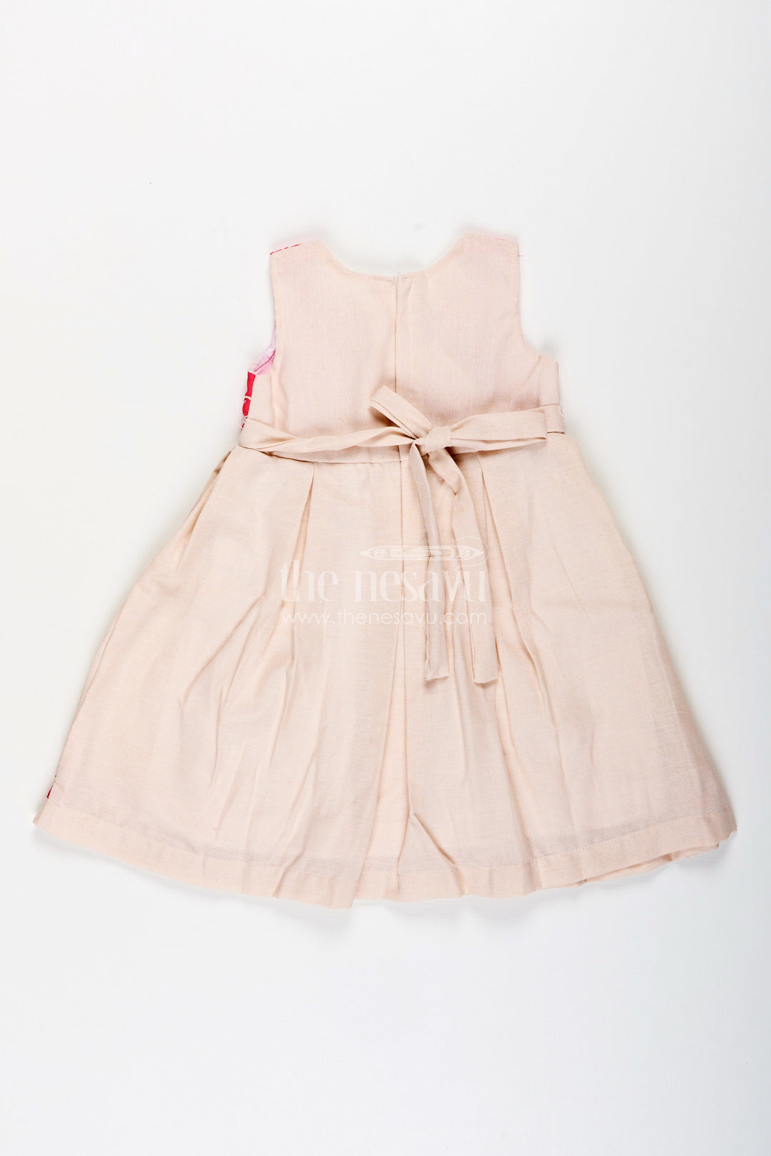 The Nesavu Girls Fancy Frock Baby Girl Flax Cotton Frock with Pink Yoke Embroidery for Parties Nesavu Nesavu baby girl flax cotton frock pink embroidered yoke festive casual wear