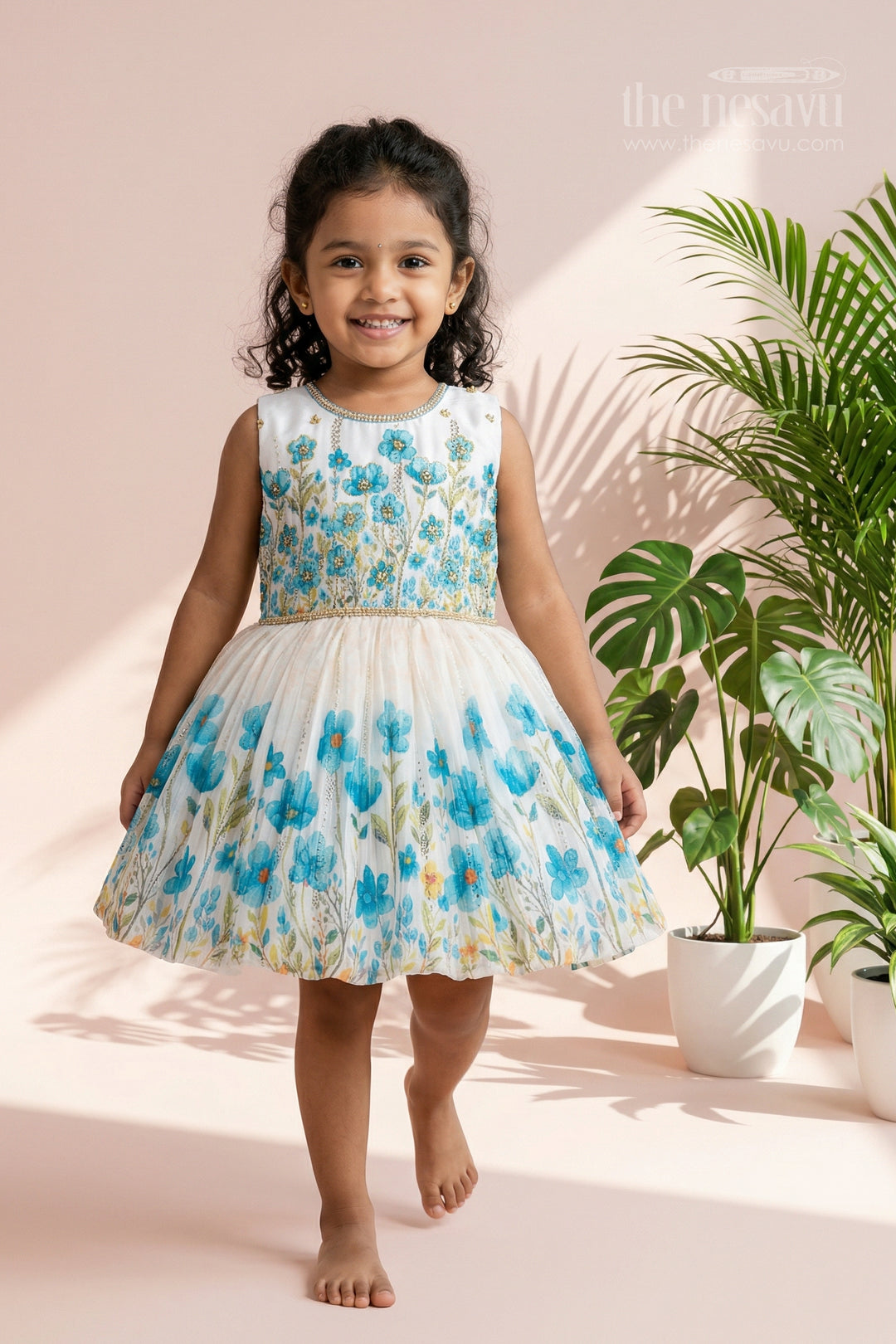 The Nesavu Silk Frock Baby Girl Floral Frock for Birthday Party and Festive Photos Nesavu 18 (2Y) / Green / Chinnon silk with digital print SF1138B-18 Nesavu baby girl floral birthday party frock chinnon silk digital print festive dress for kids
