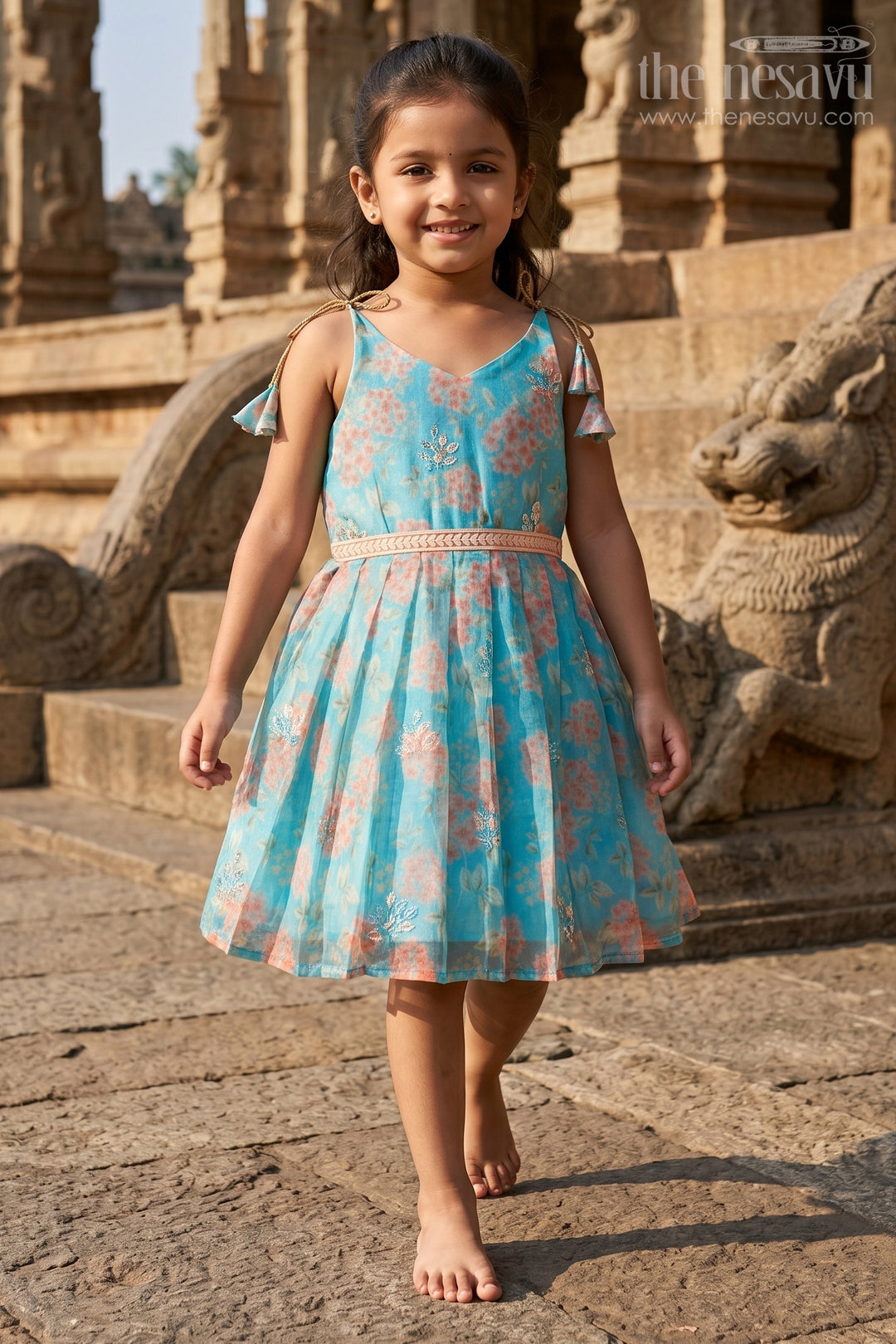 The Nesavu Tie-up Frock Baby Girl Floral Frock for Casual Outings and Playdates Nesavu 18 (2Y) / Blue / Silk Blend T417B-18 Nesavu baby girl tie-up floral frock in digital print for casual outings and playdates