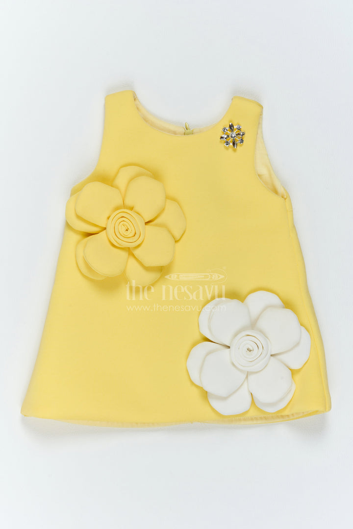 The Nesavu Girls Fancy Party Frock Baby Girl Flower Applique Dress for Birthday Outings and Family Parties Nesavu 12 (3M) / Yellow / Scuba PF337A-12 Nesavu Baby Girl Flower Applique Scuba Dress For Birthday Outings Family Parties And Milestone Moments