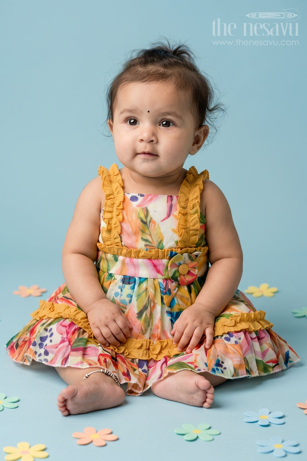 The Nesavu Baby Frocks Baby Girl Frock for Birthday and Casual Outings Nesavu 14 (6M) / Yellow / Georgette BFJ982B-14 Nesavu Baby Girl Georgette Frock With Digital Print For Birthday And Casual Wear Sleeveless Dress