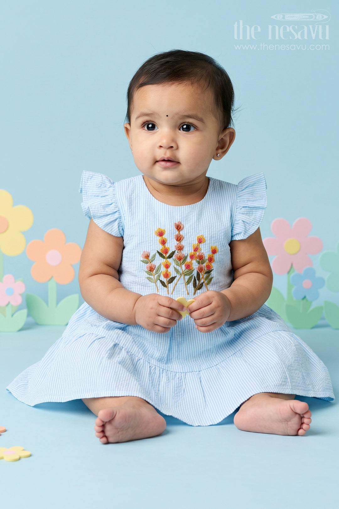 The Nesavu Baby Cotton Frocks Baby Girl Frock for Birthday Parties and Special Outings Nesavu 14 (6M) / Pink / Seer Sucker BFJ1003A-14 Nesavu Baby Girl Sheer Cotton Frock For Birthday Parties With Embroidery And Tiered Flare Design