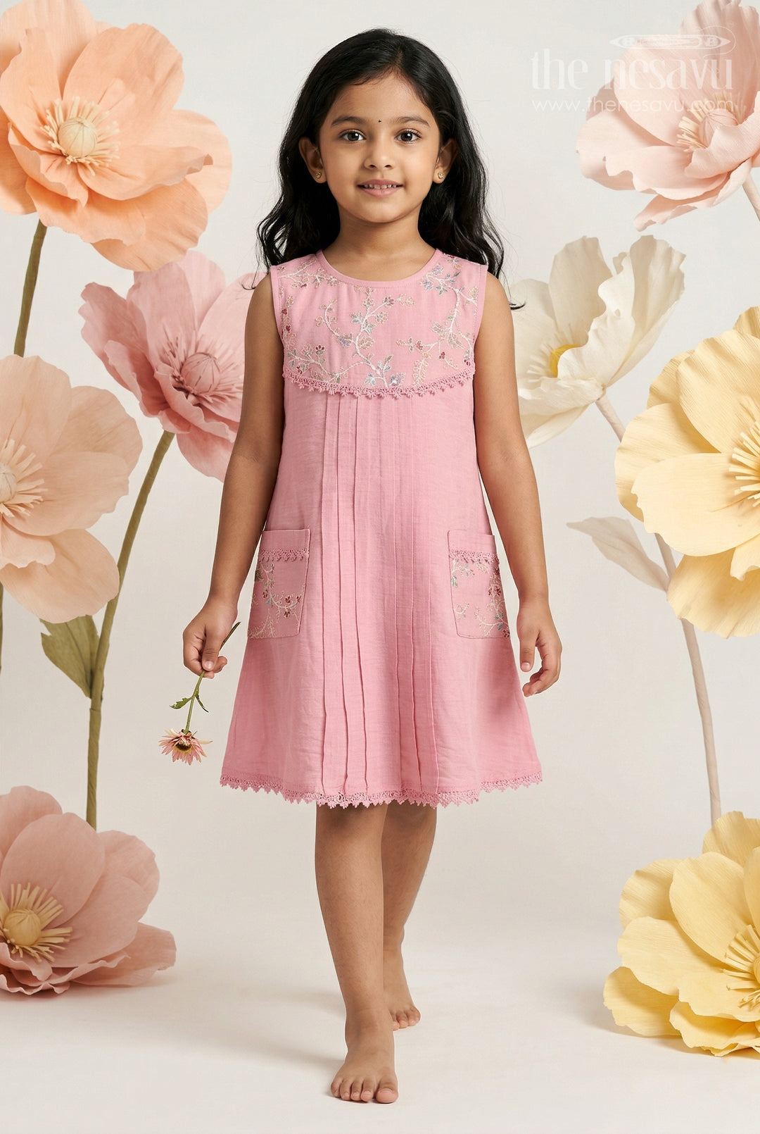 The Nesavu Girls Cotton Frock Baby Girl Frock for Birthday Party and Special Photoshoots Nesavu 22 (4Y) / Pink / Cotton GFC2175A-22 Nesavu Baby Girl Cotton Frock For Birthday Party And Photoshoots With Embroidered Flared Design