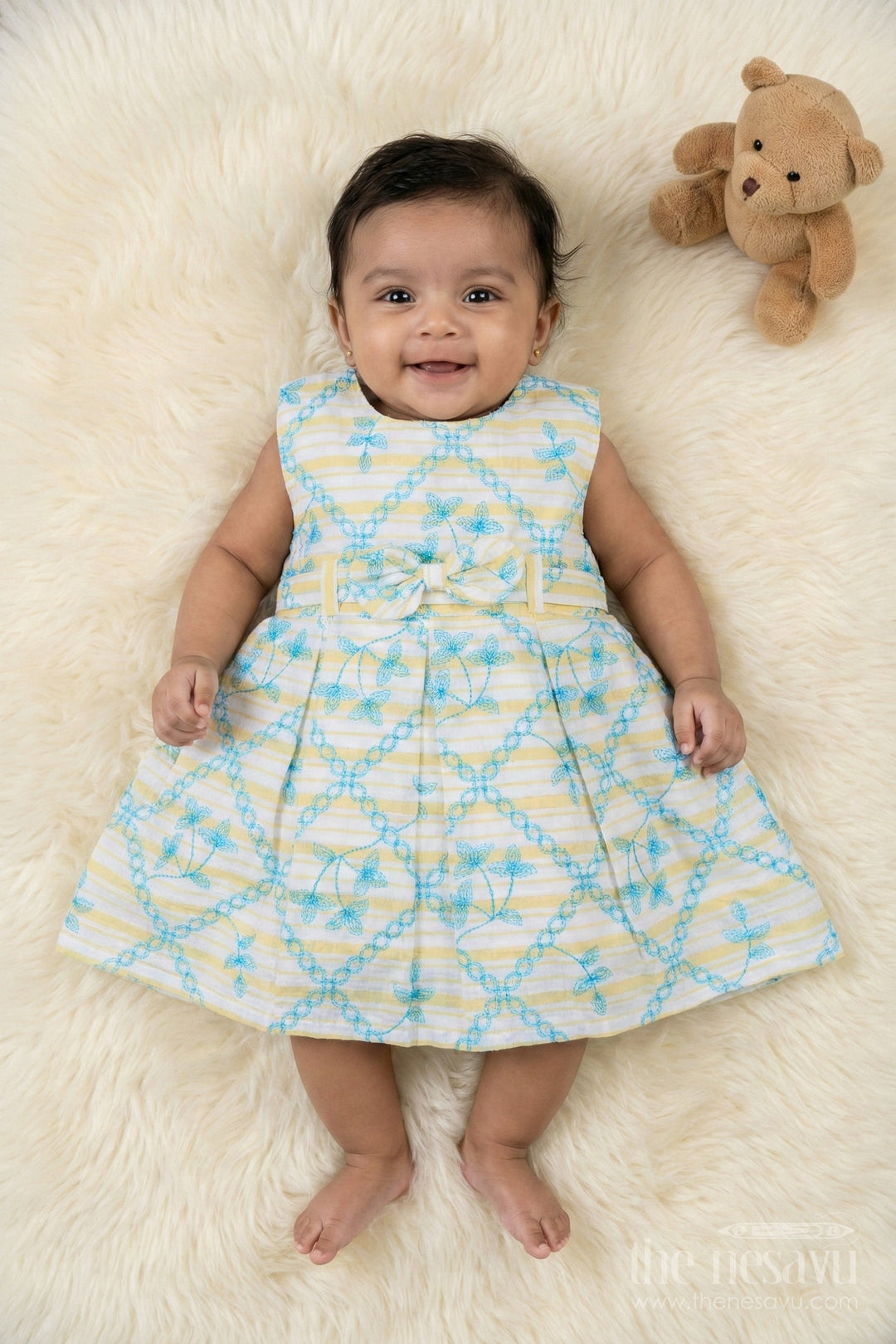 The Nesavu Baby Cotton Frocks Baby Girl Frock for Daywear and Playful Occasions Nesavu 14 (6M) / Yellow / Cotton BFJ922B-14 Nesavu cotton frock for baby girls with thread embroidery – ideal for playful daywear and casual moments