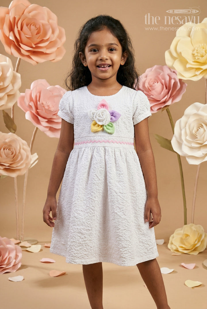The Nesavu Baby Frocks Baby Girl Frock for Everyday Outings and Playful Comfort Nesavu 14 (6M) / White / Popcorn GFC1904E-14 Nesavu Baby Girl Frock For Everyday Outings And Playtime With Popcorn Fabric And Floral Embellishment