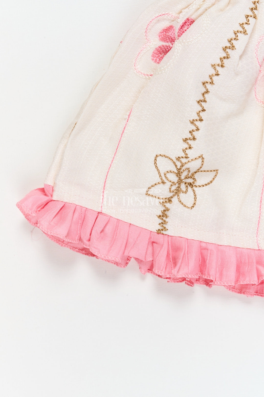 The Nesavu Baby Cotton Frocks Baby Girl Frock for Everyday Wear and Playdates Nesavu 14 (6M) / Pink / Cotton BFJ924A-14 Nesavu baby girl frock with floral threadwork and ruffle hem – perfect for everyday outings and playdates