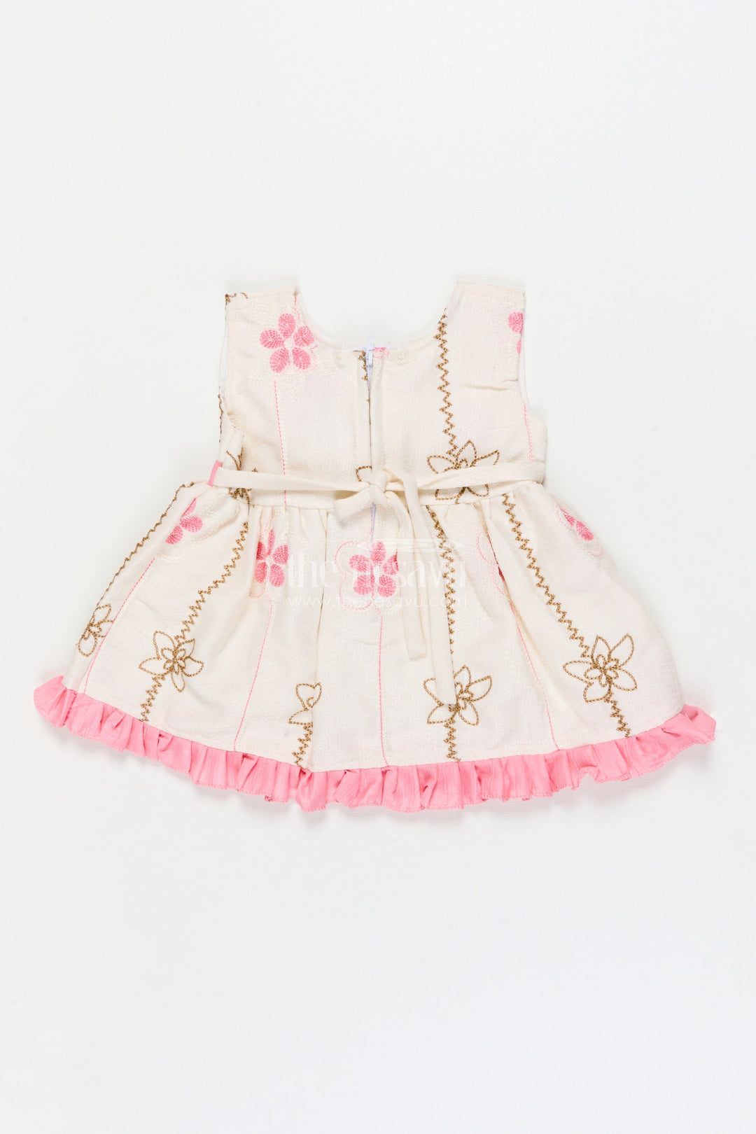 The Nesavu Baby Cotton Frocks Baby Girl Frock for Everyday Wear and Playdates Nesavu 14 (6M) / Pink / Cotton BFJ924A-14 Nesavu baby girl frock with floral threadwork and ruffle hem – perfect for everyday outings and playdates