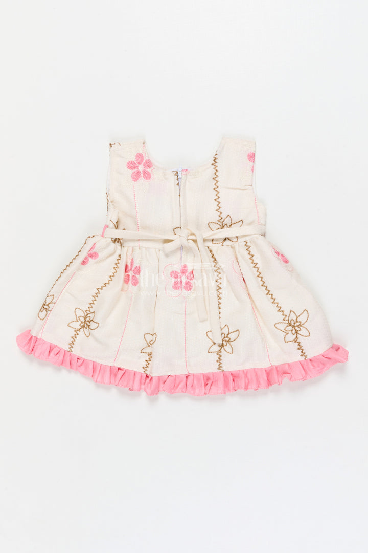 The Nesavu Baby Cotton Frocks Baby Girl Frock for Everyday Wear and Playdates Nesavu 14 (6M) / Pink / Cotton BFJ924A-14 Nesavu baby girl frock with floral threadwork and ruffle hem – perfect for everyday outings and playdates