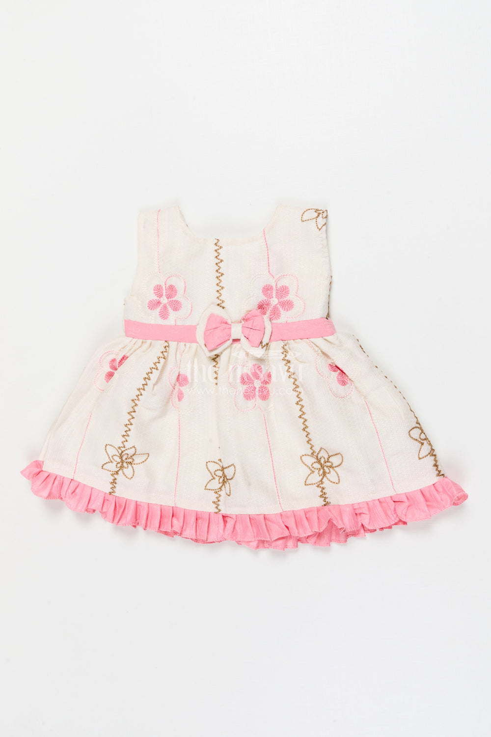 The Nesavu Baby Cotton Frocks Baby Girl Frock for Everyday Wear and Playdates Nesavu 14 (6M) / Pink / Cotton BFJ924A-14 Nesavu baby girl frock with floral threadwork and ruffle hem – perfect for everyday outings and playdates