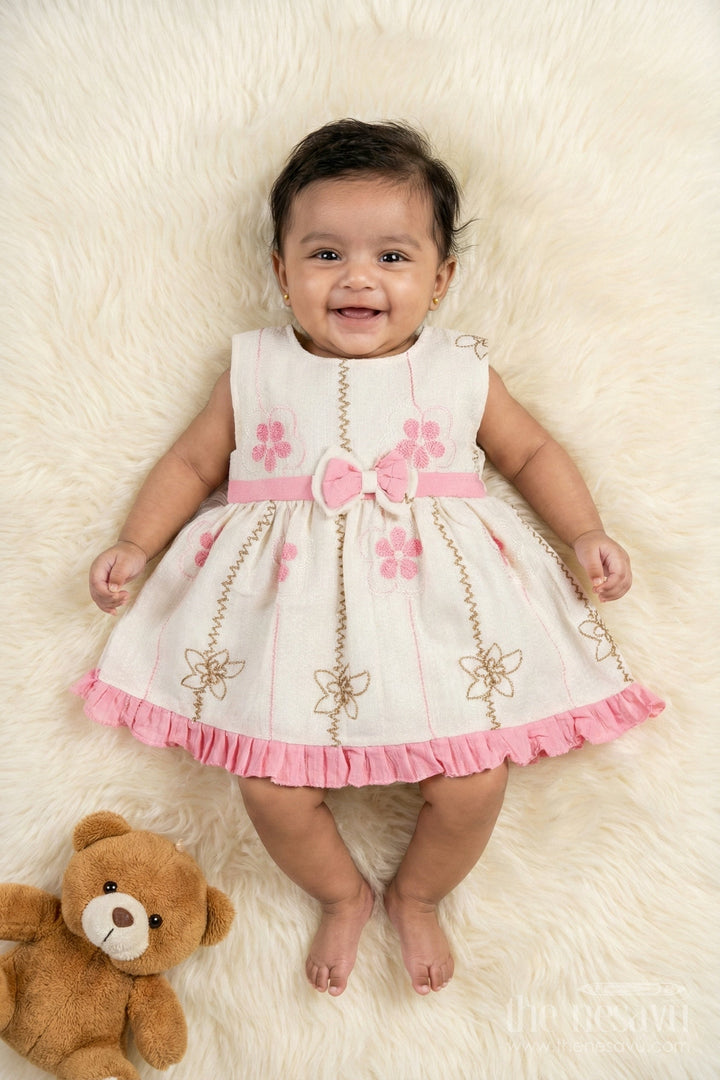 The Nesavu Baby Cotton Frocks Baby Girl Frock for Everyday Wear and Playdates Nesavu 14 (6M) / Pink / Cotton BFJ924A-14 Nesavu baby girl frock with floral threadwork and ruffle hem – perfect for everyday outings and playdates