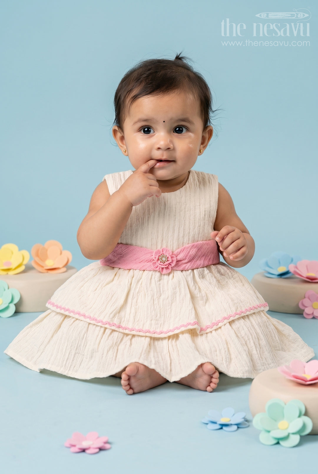 The Nesavu Baby Cotton Frocks Baby Girl Frock for Family Outings and Playful Celebrations Nesavu 14 (6M) / Cream / Cotton Blend BFJ1008A-14 Nesavu Baby Girl Cotton Blend Frock For Family Outings And Playful Celebrations