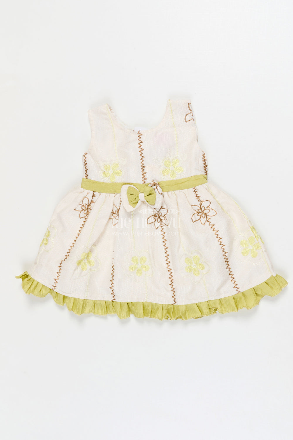 The Nesavu Baby Cotton Frocks Baby Girl Frock for Festive Mornings and Casual Events Nesavu 14 (6M) / Green / Cotton BFJ924B-14 Nesavu sleeveless baby girl frock with embroidered florals and ruffle trim – perfect for festive mornings