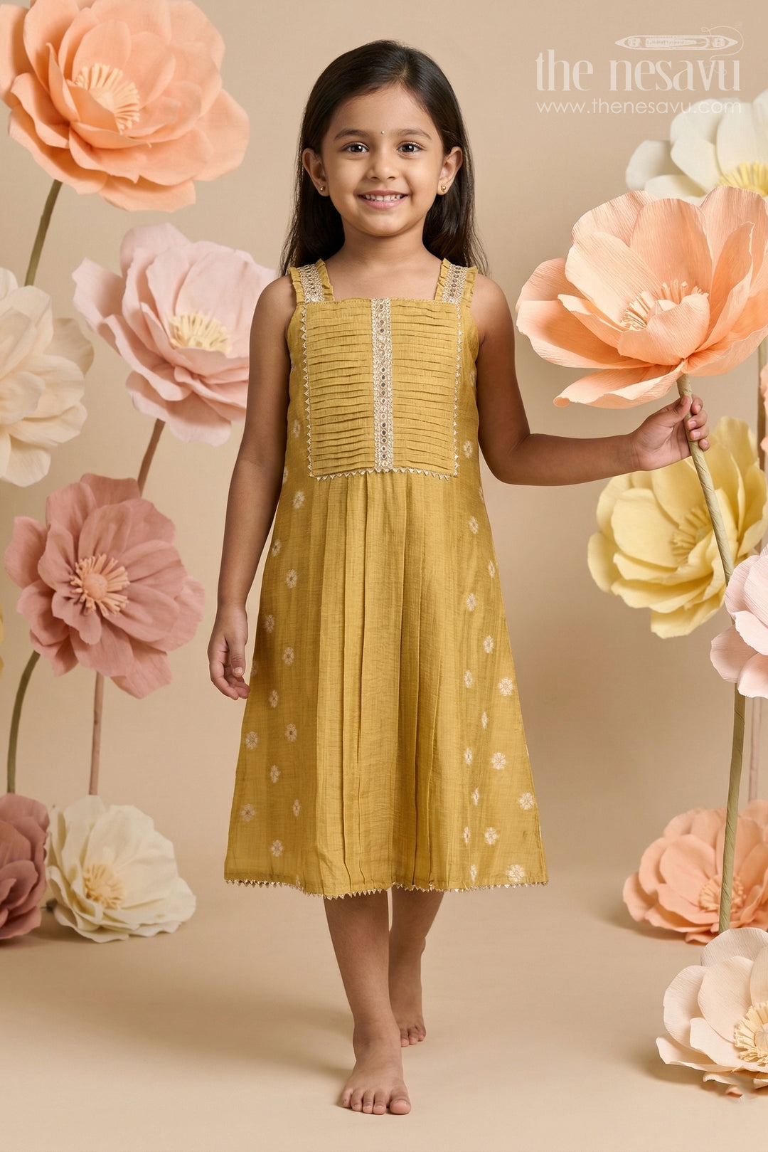 The Nesavu Girls Cotton Frock Baby Girl Frock for Festive Wear and Family Celebrations Nesavu 22 (4Y) / Green / Cotton GFC2179B-22 Nesavu Baby Girl Cotton Jacquard Frock For Festive Wear And Family Celebrations In Breathable Green Fabric